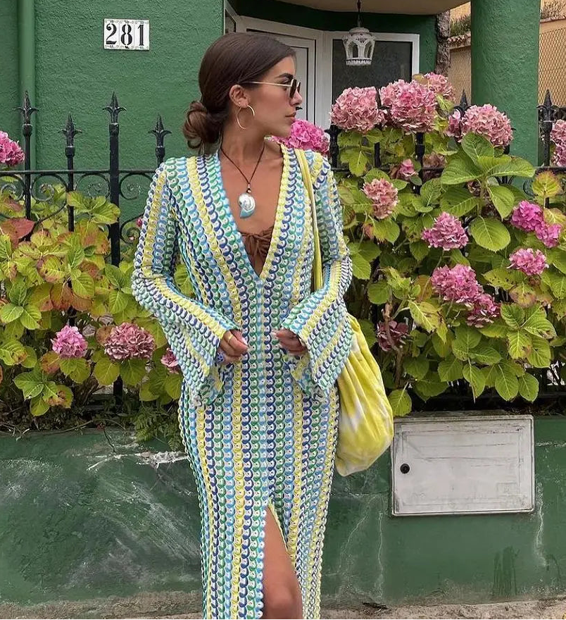 Sophia robe maxi rayée en crochet à manches évasées