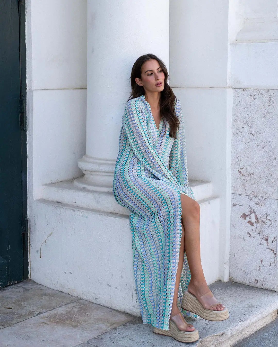 Sophia robe maxi rayée en crochet à manches évasées