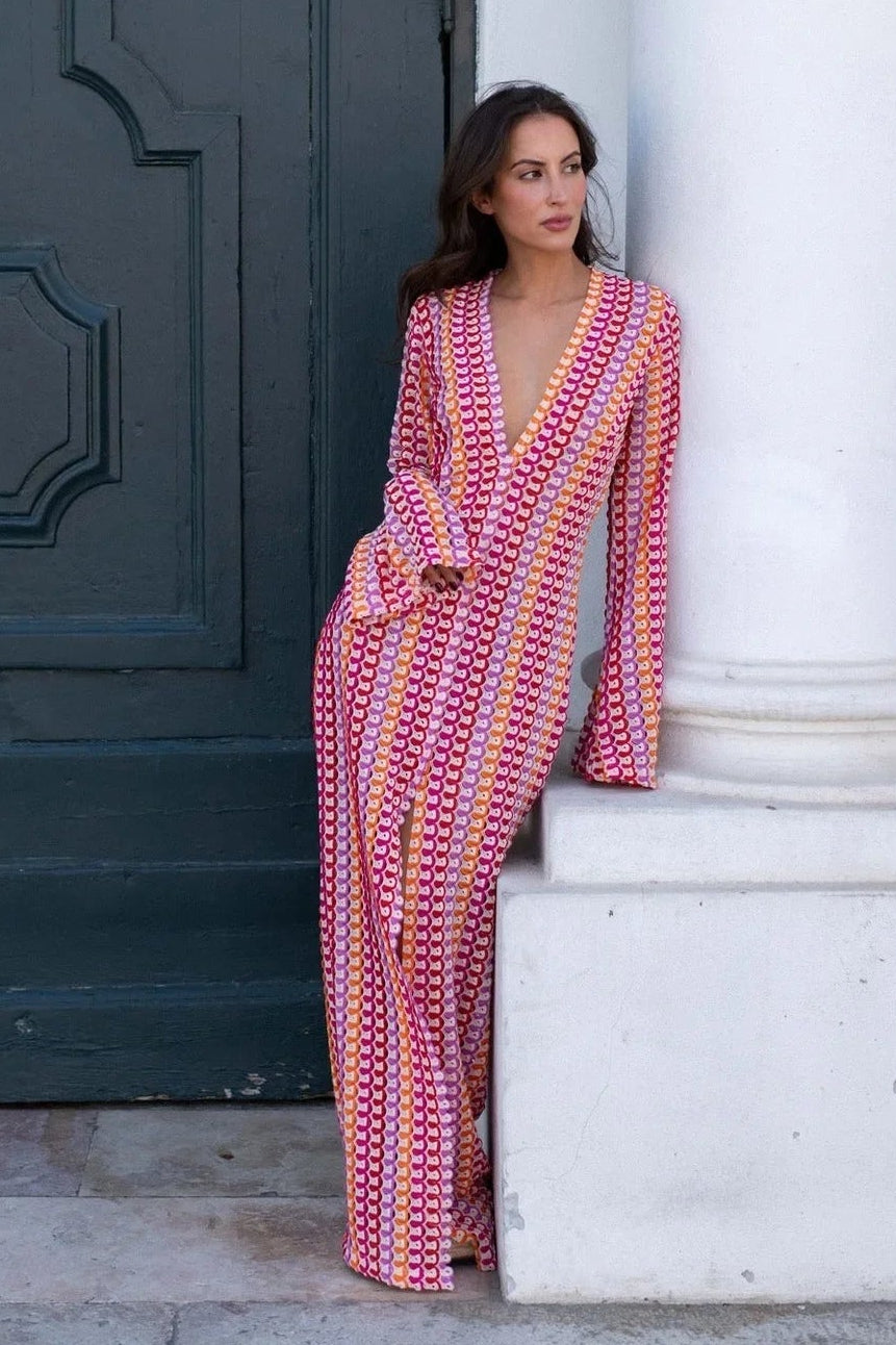 Sophia robe maxi rayée en crochet à manches évasées
