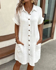 Robe courte en coton et lin à col en V Themis
